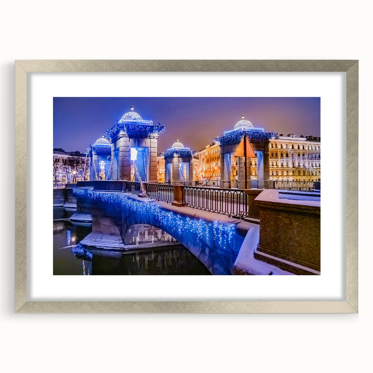Extra large abstract art print of a textured European cityscape in muted gray and silver tones, framed with a silver mat.