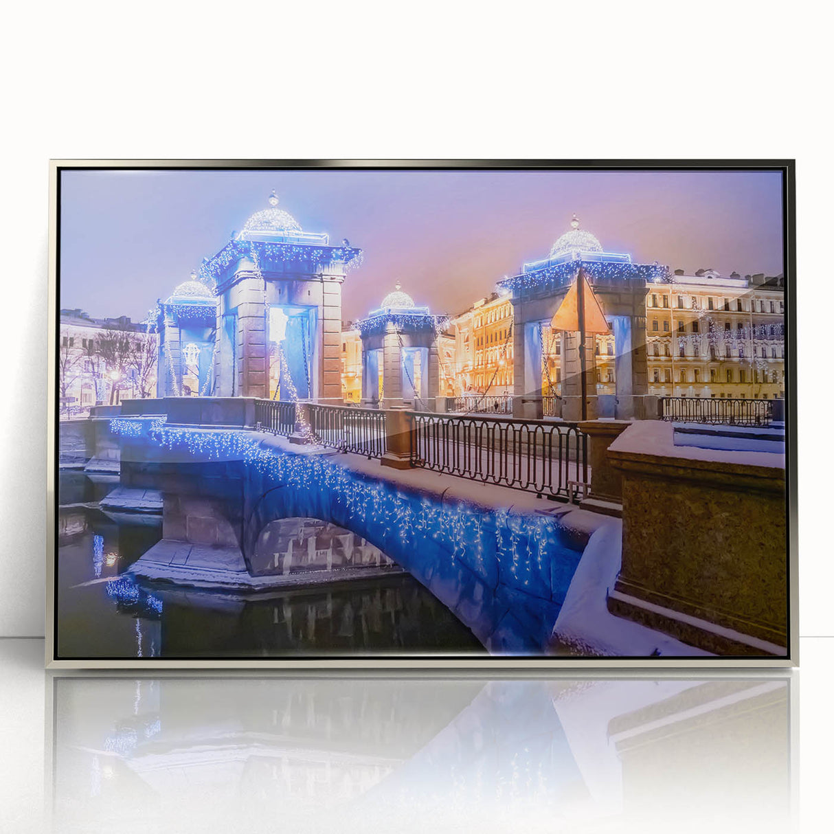 Large art print of St. Petersburg cityscape in muted silver tones, framed in acrylic, ideal for modern art wall decor.