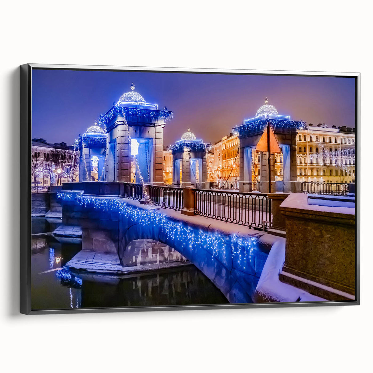 Black and white framed canvas of a vintage Petersburg landscape, ideal for bedroom wall art.