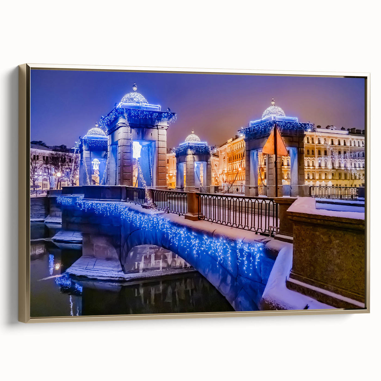 Framed canvas depicting a vintage-style landscape of St. Petersburg in black and gold tones, ideal for bedroom wall art.