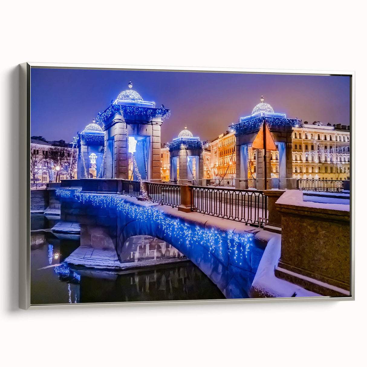 Landscape art painting of St. Petersburg with colorful accents on black, framed canvas, ideal for living room decor.