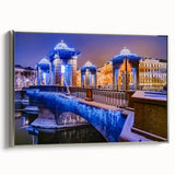 Landscape art painting of St. Petersburg with colorful accents on black, framed canvas, ideal for living room decor.