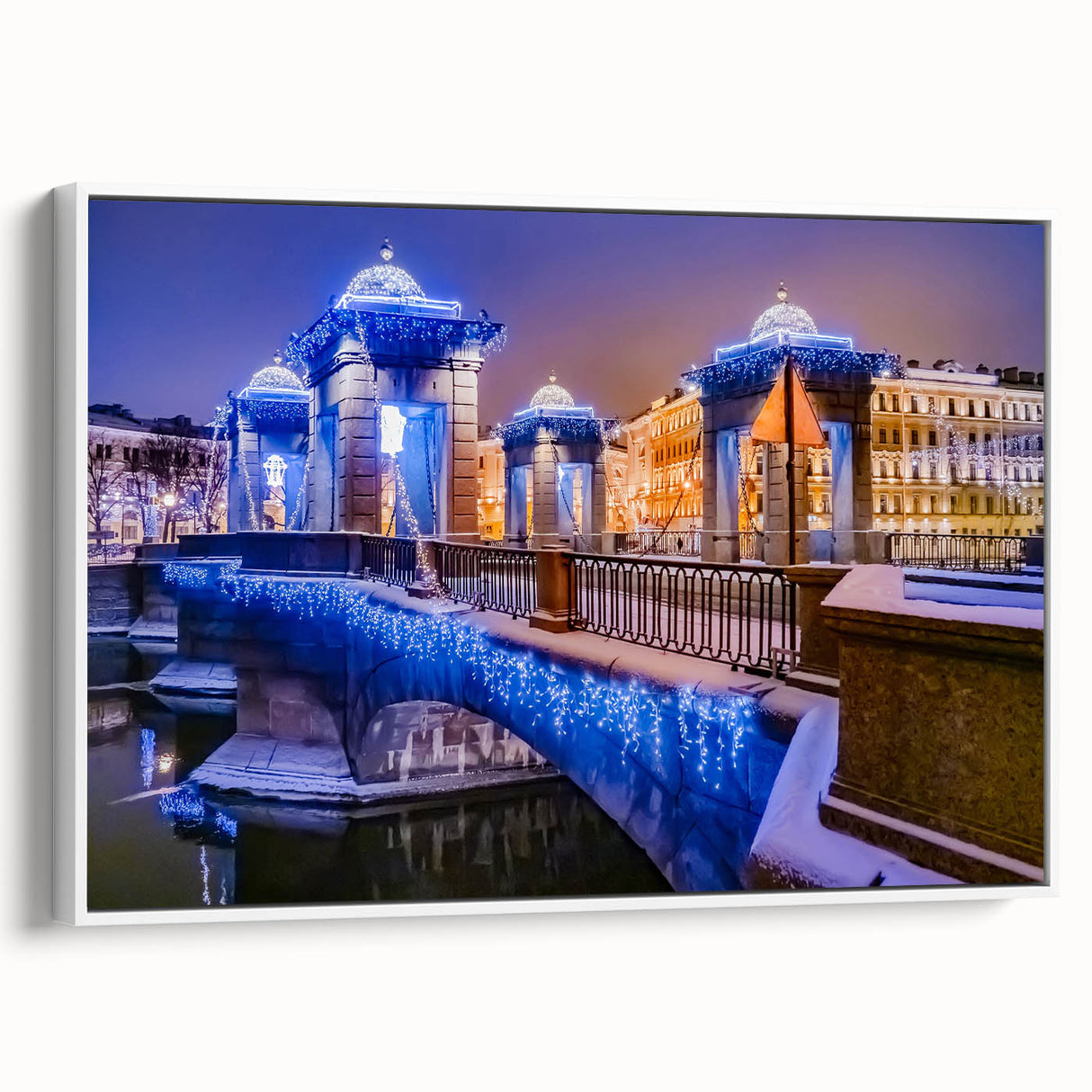 Vintage poster art of St. Petersburg with colorful accents on extra large framed canvas, ideal for living room decor.