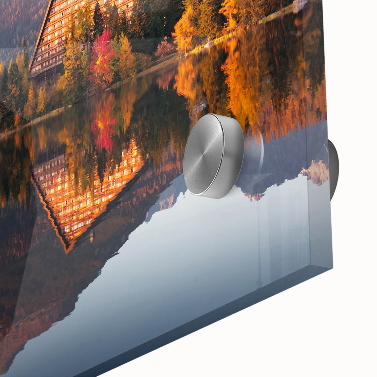 Acrylic glass print of a large abstract depiction of a European scenery in mid-century modernist style.