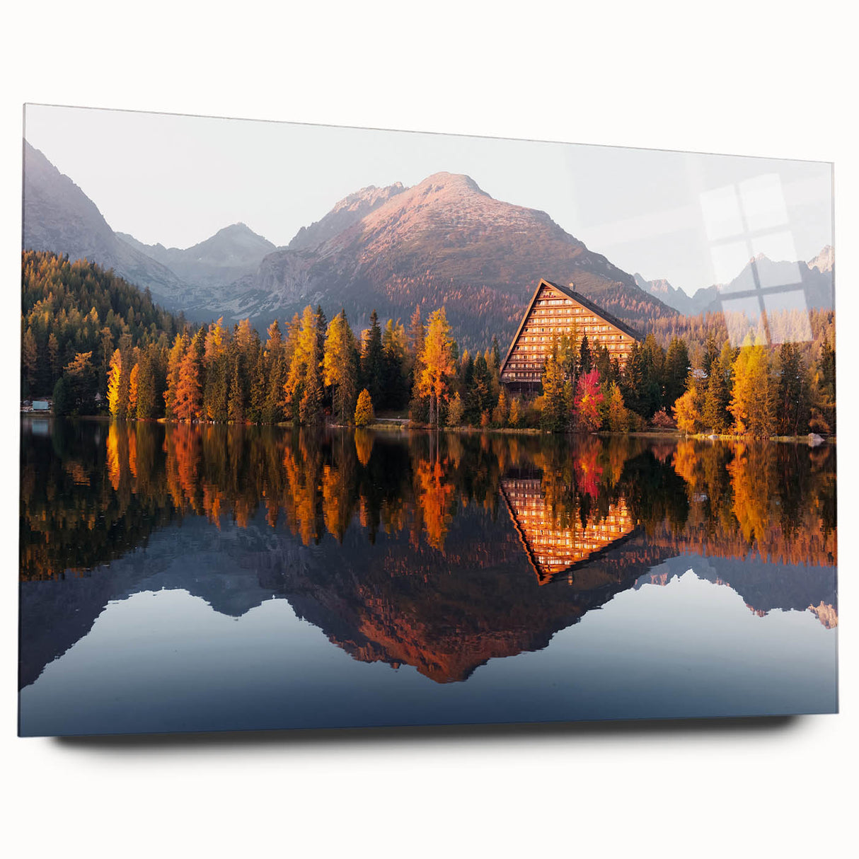 Large abstract wall art of a European scenery, in muted earth tones on acrylic glass.