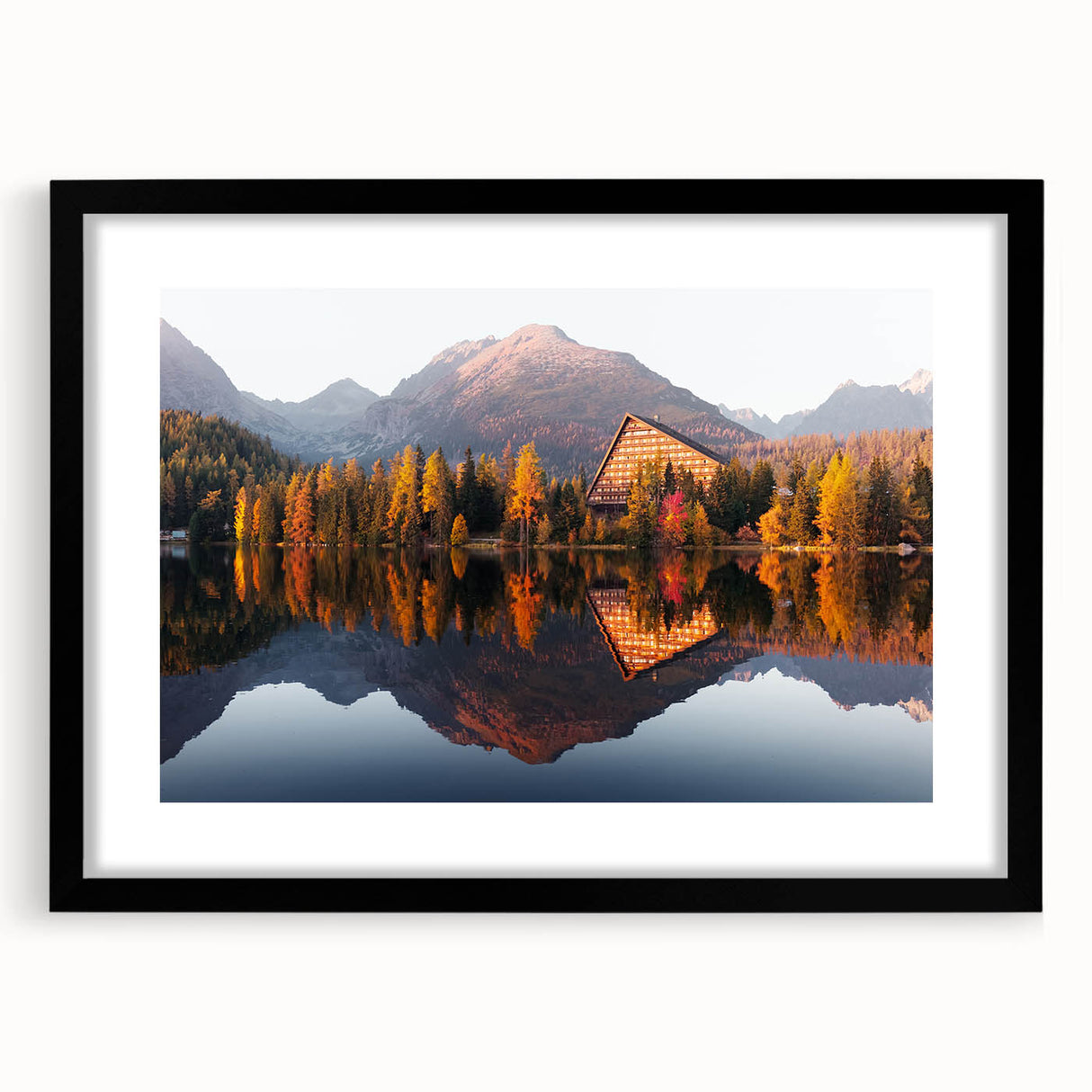 Extra large abstract art print of colorful, textured European scenery on a black framed canvas, ideal for living room decor.