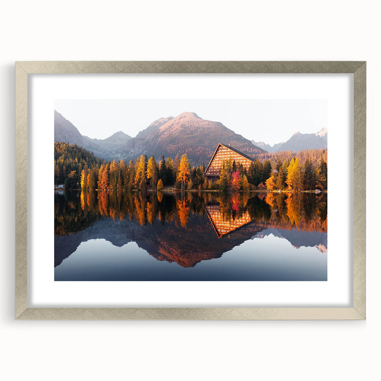 Extra large abstract art print of a European scenery in muted earth tones on a framed canvas, ideal for living room decor.
