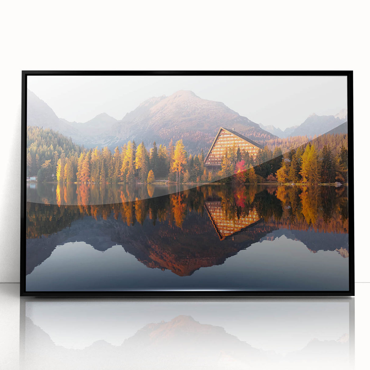Large abstract wall art depicting a European Slovakian landscape in muted earth tones, framed in black acrylic.