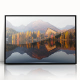 Large abstract wall art depicting a European Slovakian landscape in muted earth tones, framed in black acrylic.