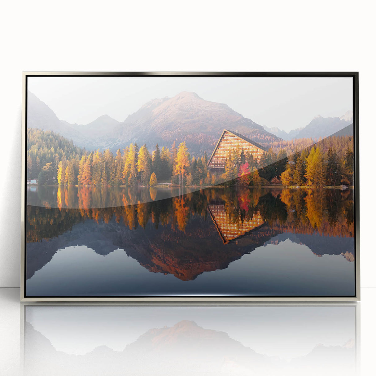 Large acrylic print of a serene Slovakian landscape, framed in silver, ideal for modern nursery decor.