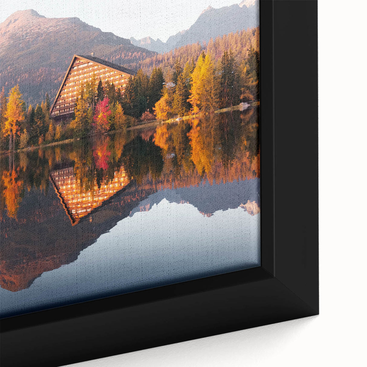 Extra large framed canvas of a textured European scenery in black with colorful accents, ideal for living room decor.