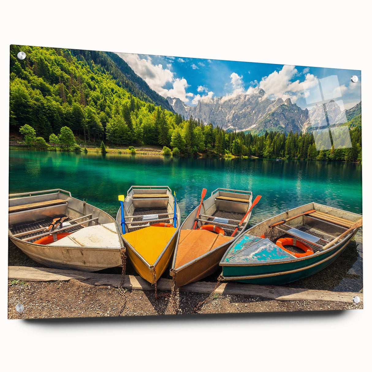 Large abstract wall art of a Slovenian landscape in muted green and blue hues on acrylic glass.