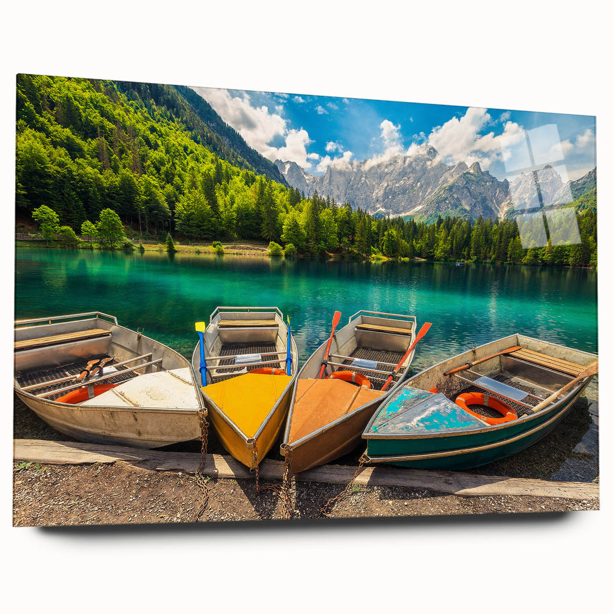 Large abstract wall art of a Slovenian landscape, in muted green and blue tones on acrylic glass.
