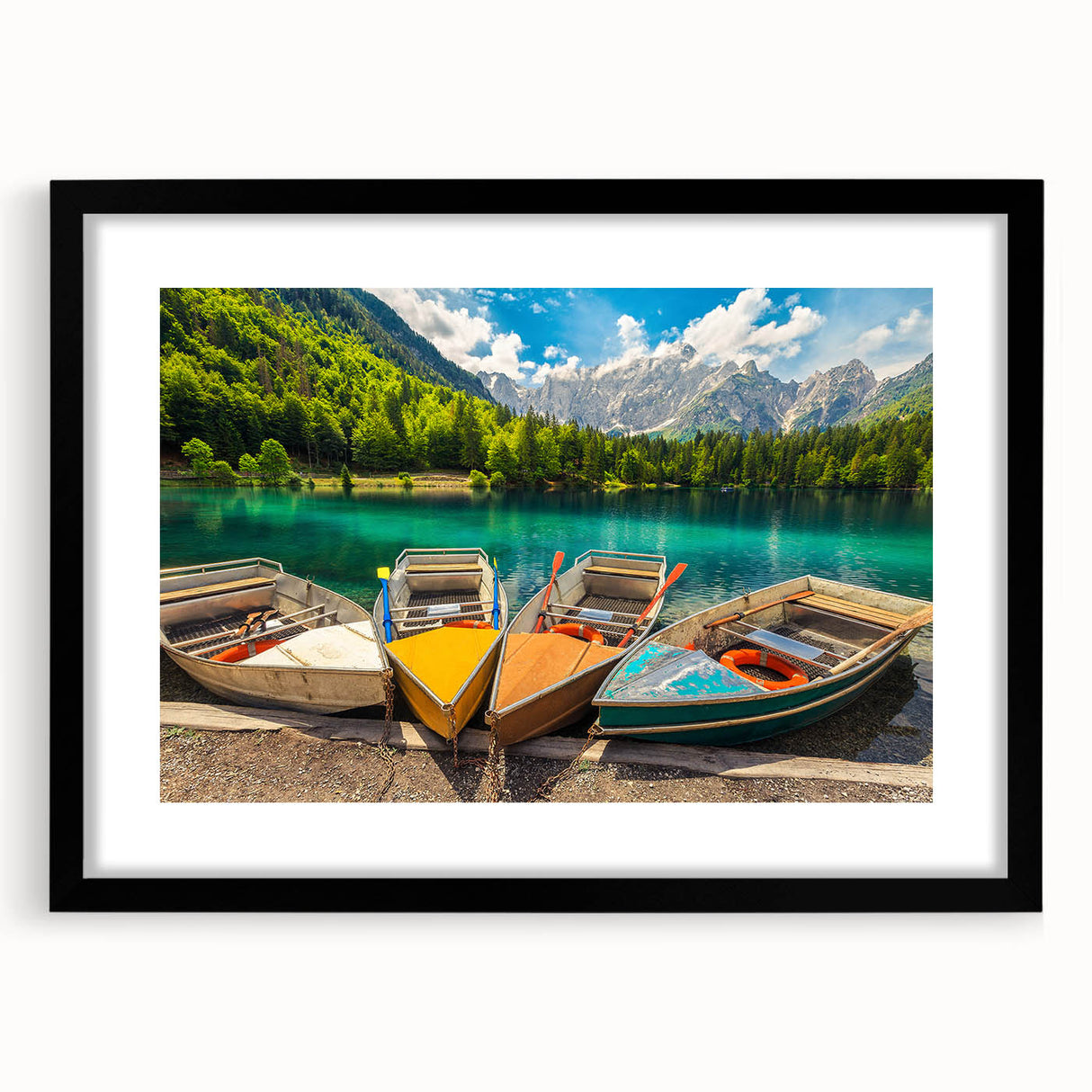 Extra large abstract art print depicting vibrant, colorful Slovenian scenery on a textured canvas, framed in black.