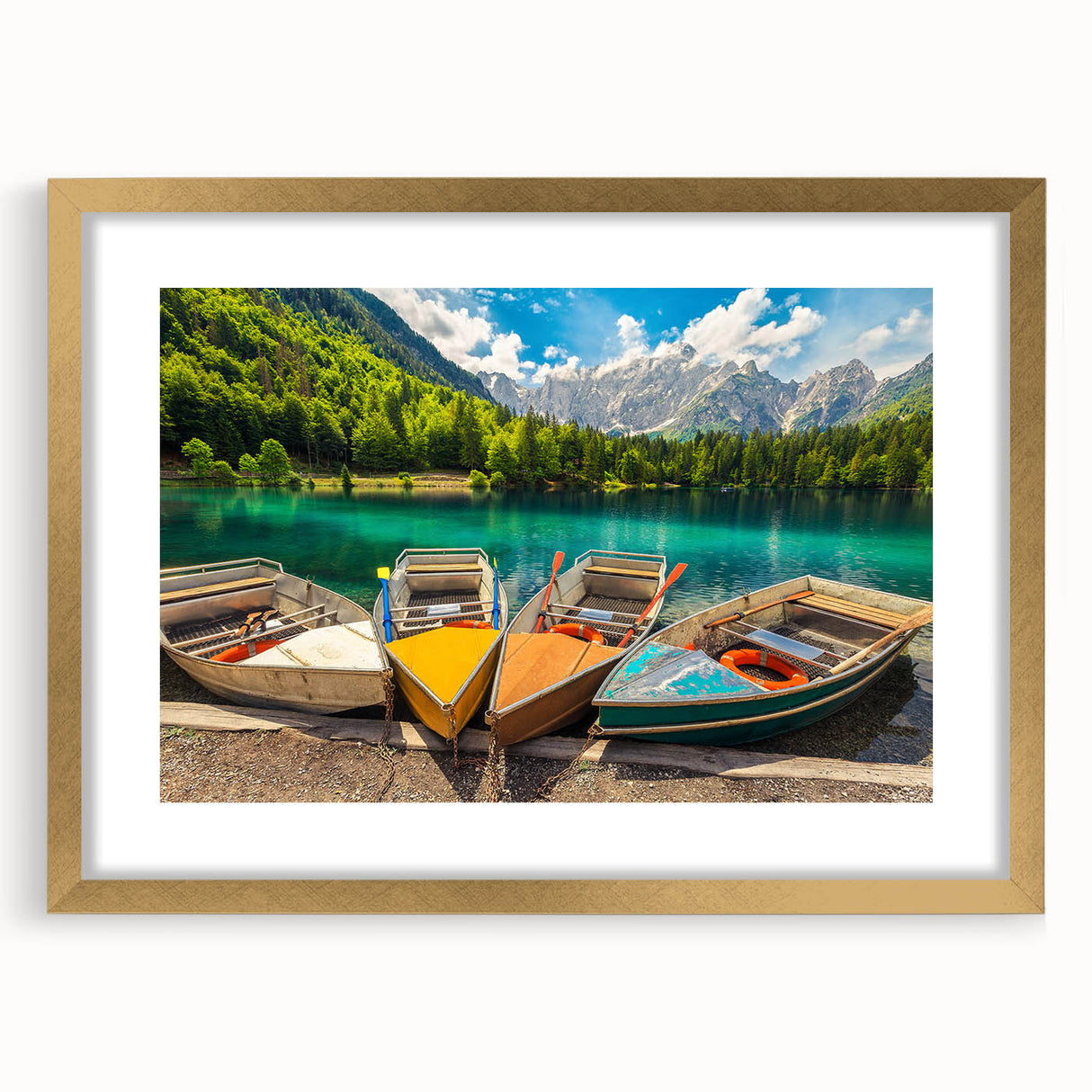 Textured art print featuring abstract scenery of Slovenia in muted earth tones, framed in gold, ideal for bedroom wall decor.