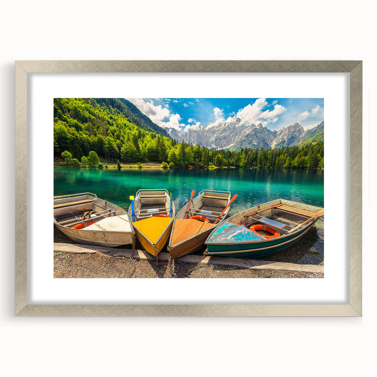 Abstract art print of a European Slovenian landscape in muted earth tones, framed in silver, ideal for dining room decor.
