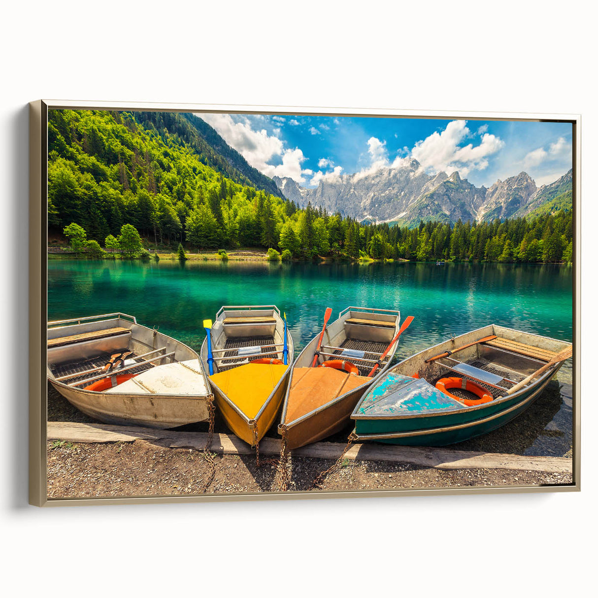Framed canvas featuring a vintage-style landscape painting of a Slovenian scenery with vibrant, colorful art tones.