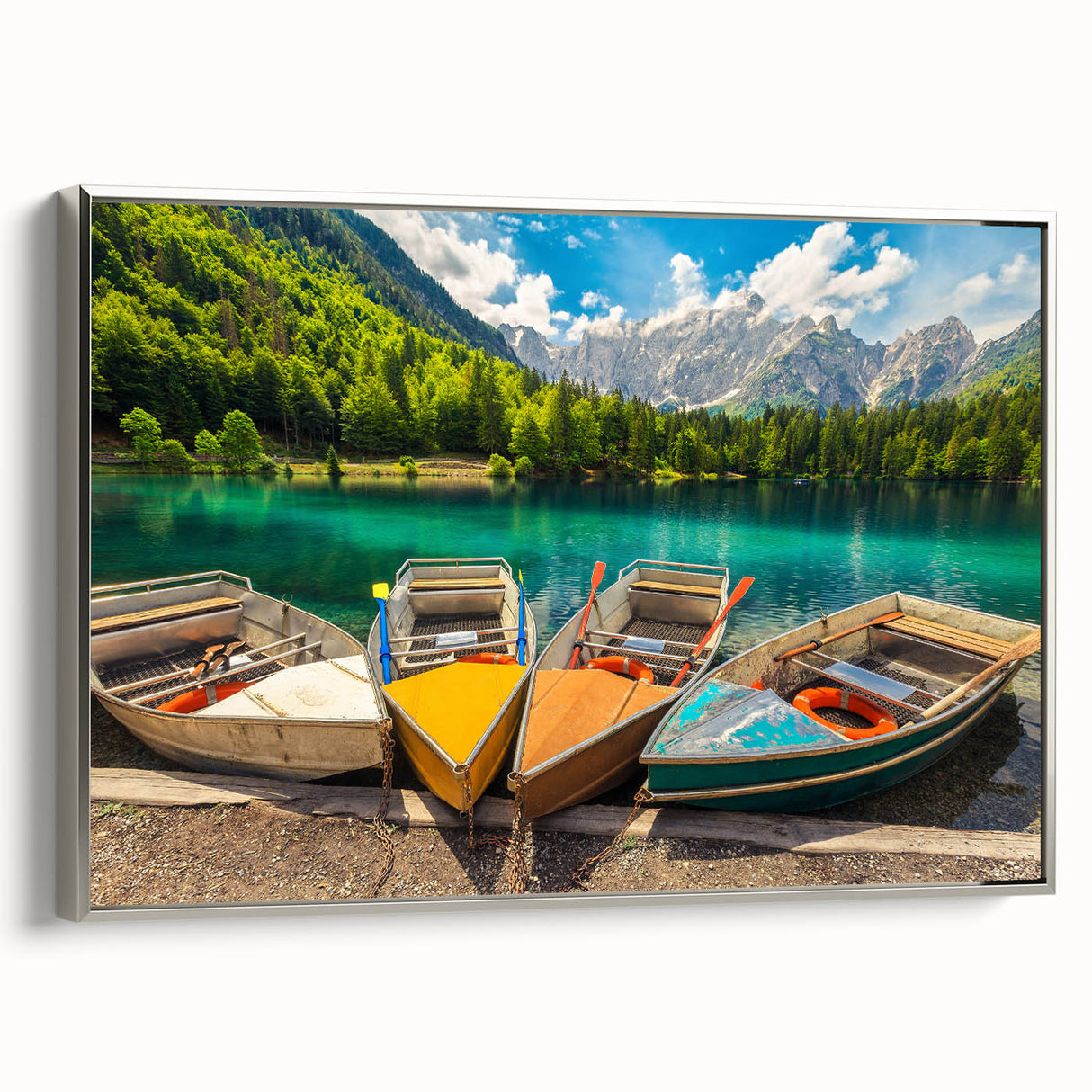 Vintage poster art of a Slovenian landscape in colorful hues on a large framed canvas, ideal for living room decor.