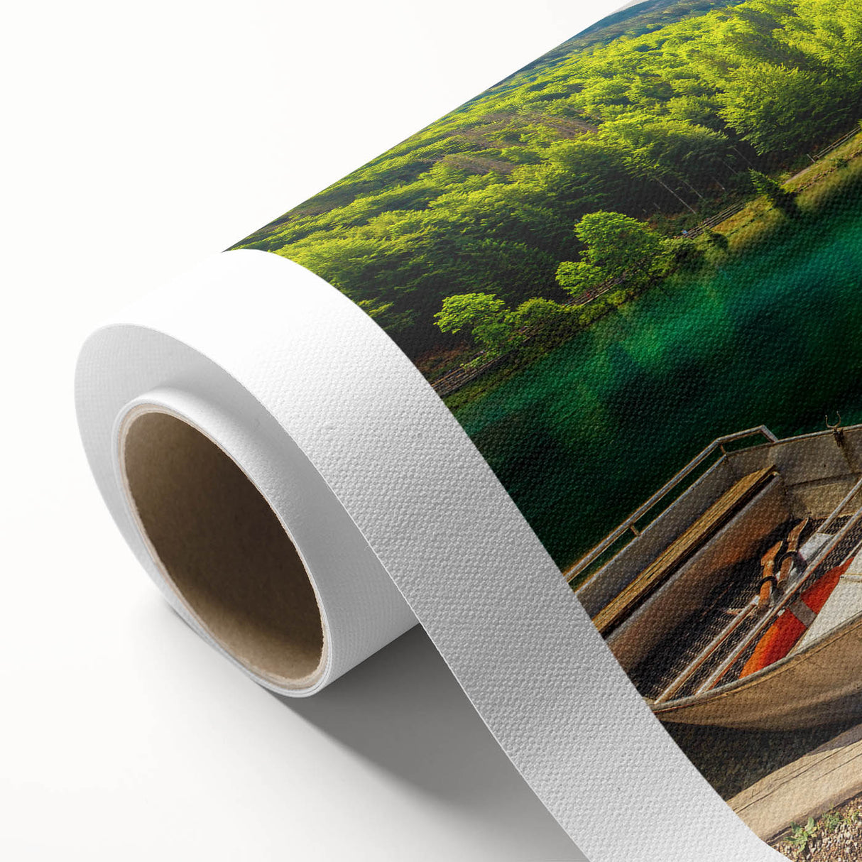 Art Deco poster of a Slovenian landscape on rolled canvas, using muted earth tones, ideal for nursery wall art.