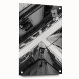 Acrylic print of a large abstract depiction of Barcelona, featuring vibrant hues of blue and orange.