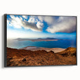 Black and white vintage poster art of a Canary Islands landscape on framed canvas, ideal for bedroom decor.