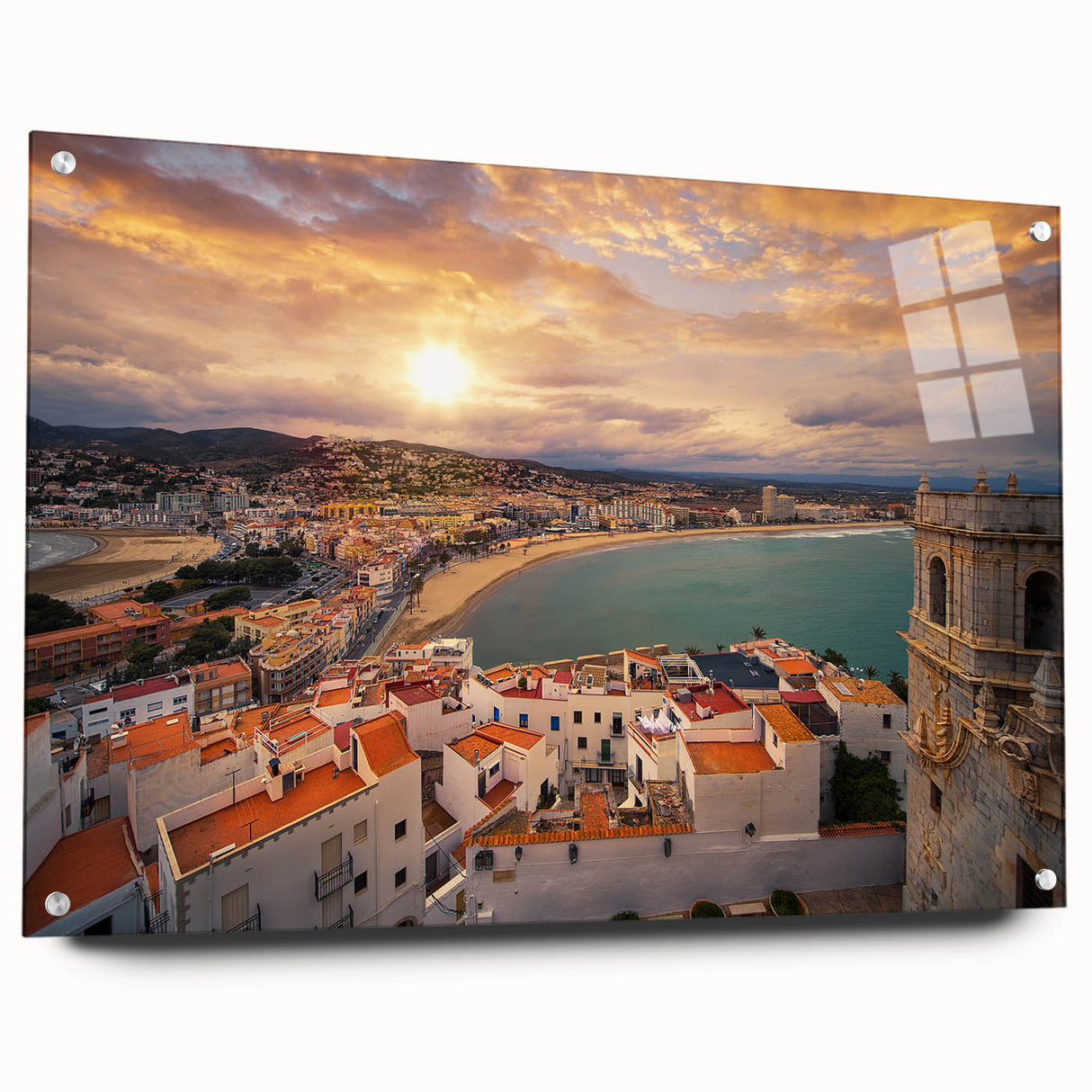 Side view of a large abstract wall art depicting Valencia, Spain, in vibrant hues on acrylic glass.