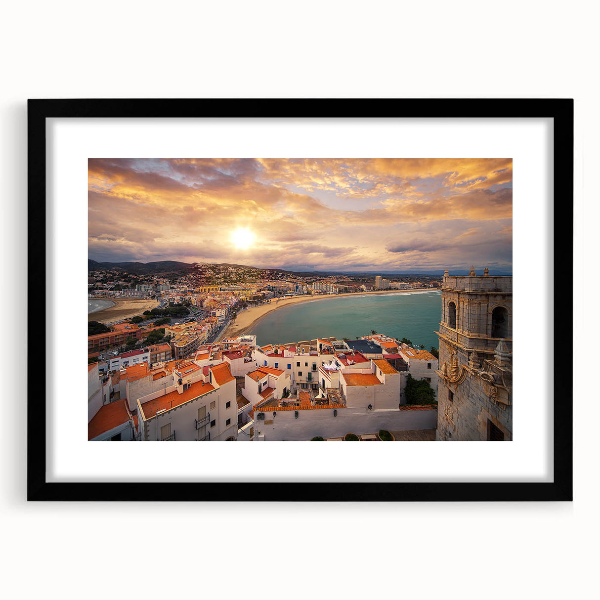 Colorful abstract art print of a stylized Valencia scenery in vibrant hues on a large framed canvas.