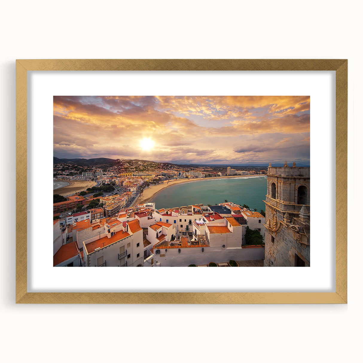 Extra large abstract art print of Valencia scenery in textured style, with muted earth tones on a framed canvas.