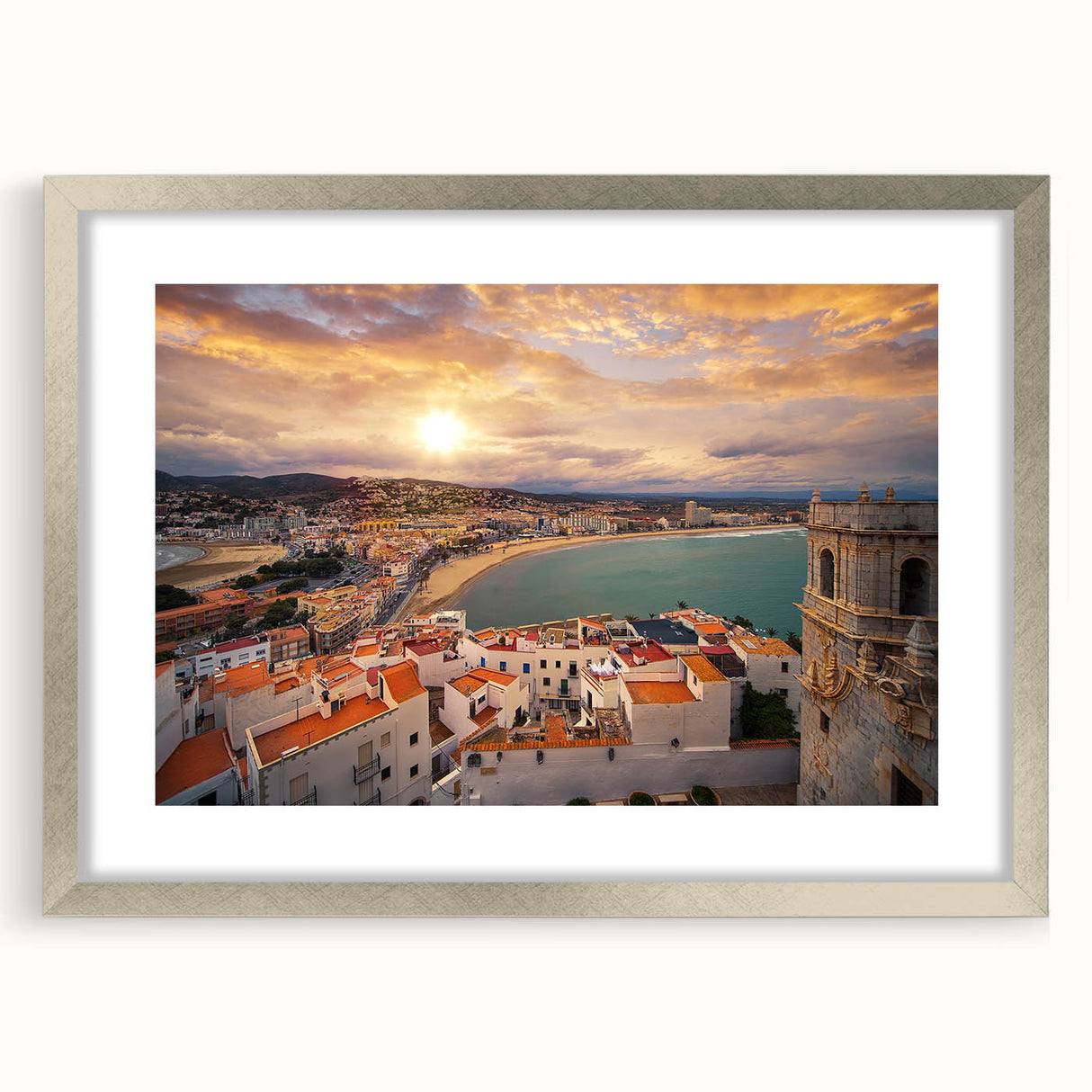 Textured abstract art print of Valencia scenery in muted earth tones on a framed canvas, ideal for bedroom decor.
