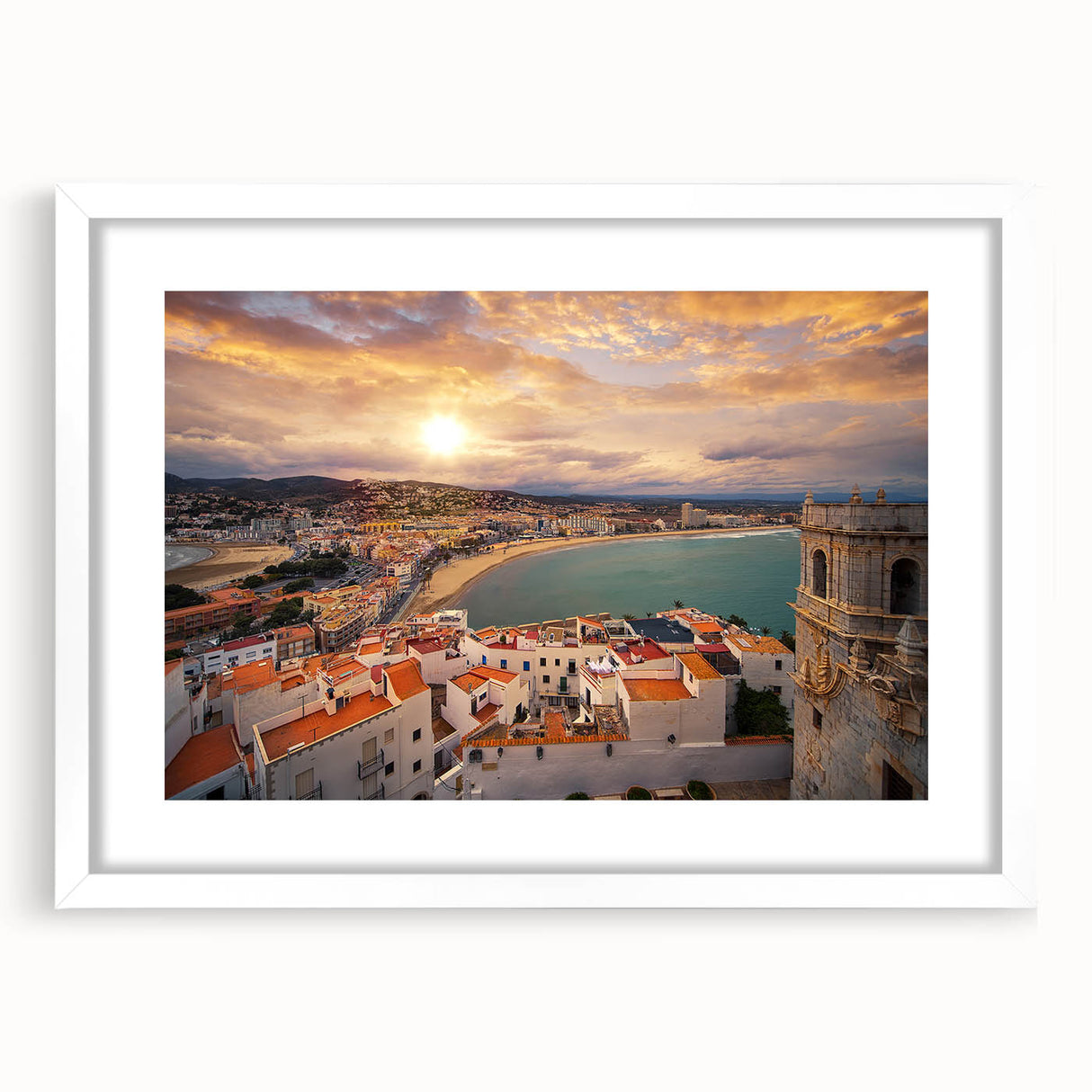 Abstract art print of Valencia with muted earth tones on a framed white mat, ideal for dining room decor.
