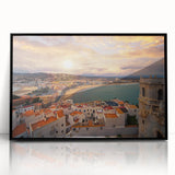 Large abstract wall art of Valencia scenery in muted earth tones on framed acrylic, suitable for modern living room decor.