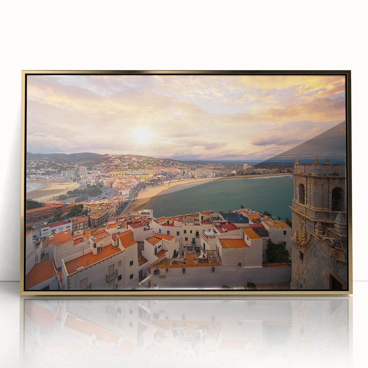 Large art print of Valencia scenery in mid-century modernist style, framed in gold acrylic, ideal for modern art wall decor.