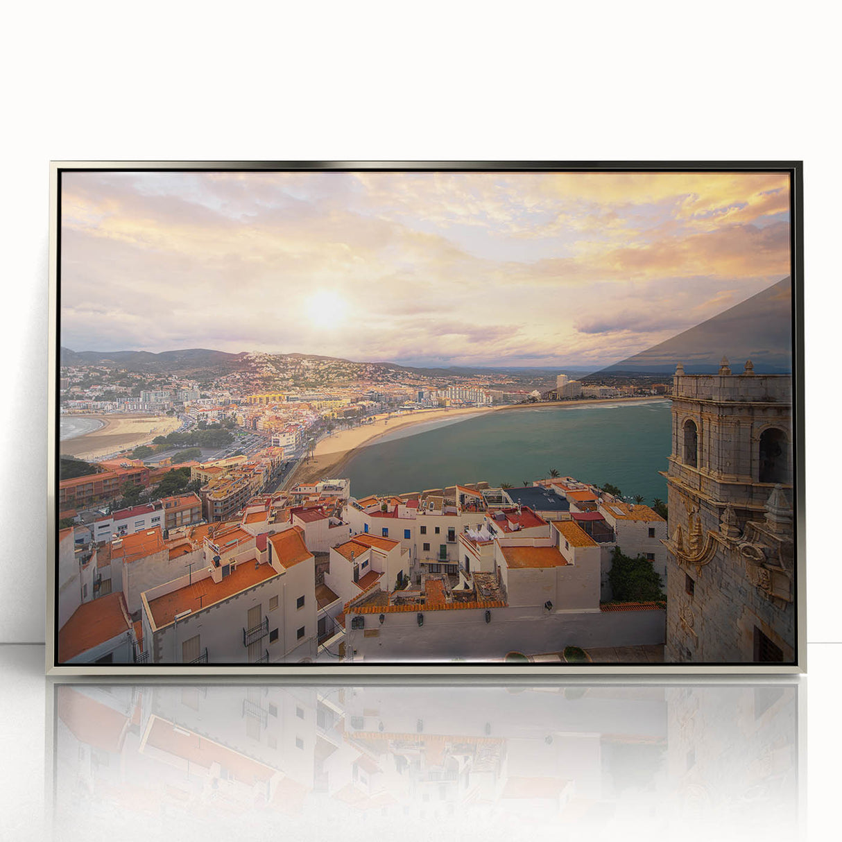 Mid-century modernist art depicting a vibrant scene of Valencia, Spain on a silver-framed acrylic print.