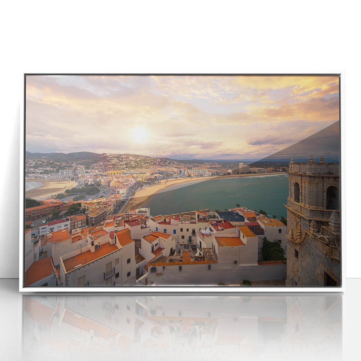 Art Deco poster of Valencia scenery with muted earth tones, framed in white acrylic, suitable for modern art wall decor.