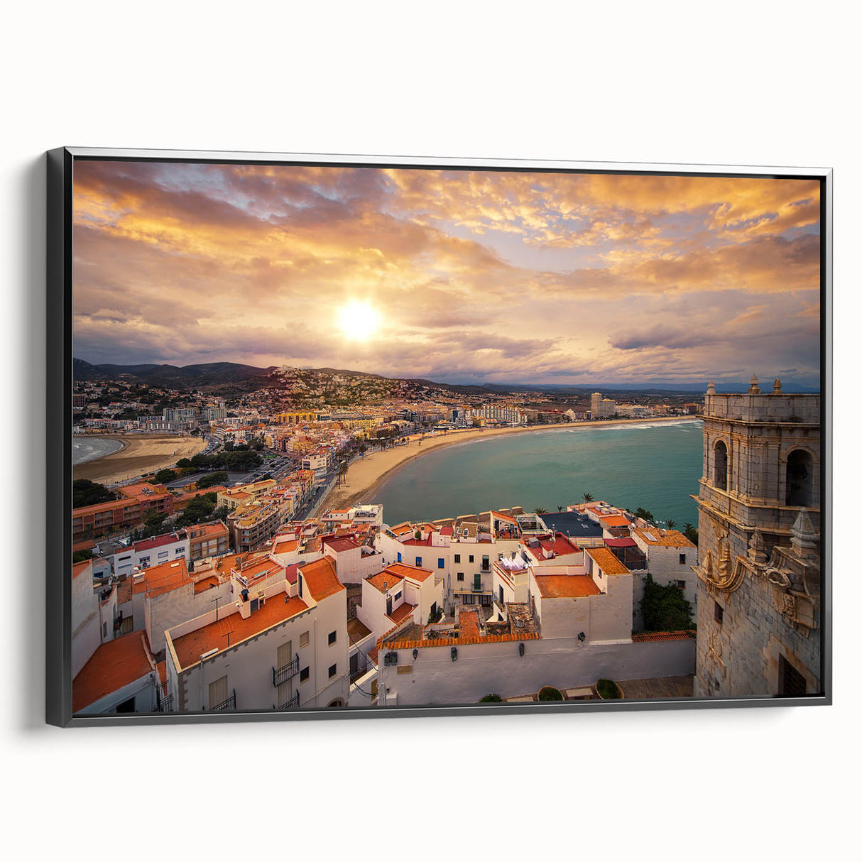 Black and white framed canvas of Valencia landscape, ideal for bedroom wall art in a vintage poster style.