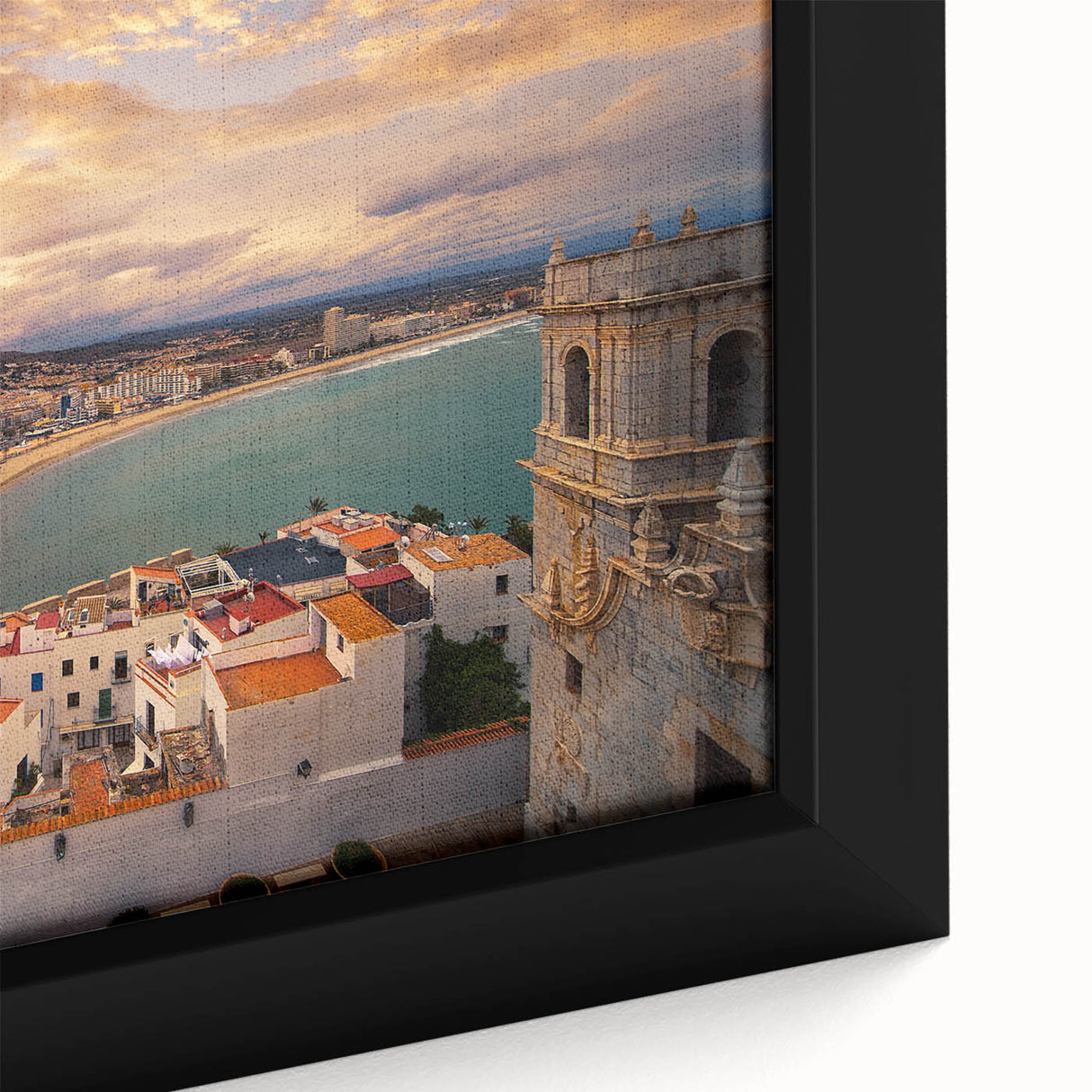 Extra large framed canvas featuring a textured depiction of Valencia's cityscape in black with colorful accents.
