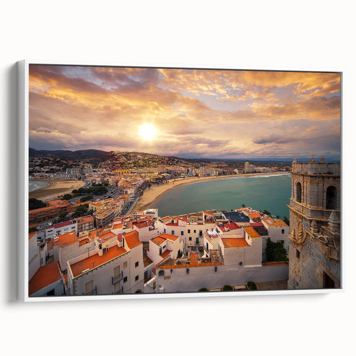 Vintage poster art of Valencia scenery in vibrant colors on a large framed canvas, ideal for living room decor.