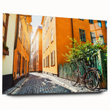 Large abstract depiction of Stockholm on acrylic glass, featuring muted blue and gray tones.