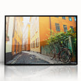 Large abstract wall art of Stockholm's skyline in muted gray and blue tones on a framed acrylic.