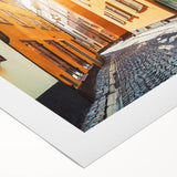 Art deco poster of Stockholm scenery in muted blue and grey tones on rolled canvas, suitable for dining room wall art.