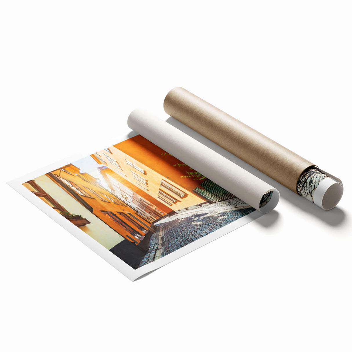 Extra large rolled print of Stockholm scenery with soft floral accents in pastel shades, suited for classy bathroom wall art.