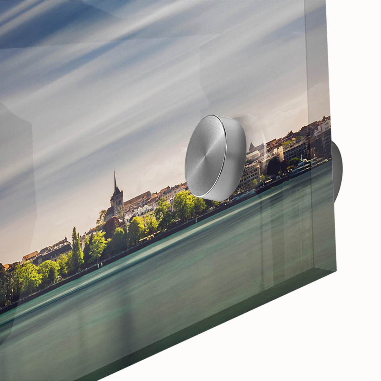 Large abstract wall art of Geneva scenery in mid-century modernist style on acrylic glass, ideal for dining room art.
