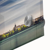 Large abstract wall art of Geneva scenery in mid-century modernist style on acrylic glass, ideal for dining room art.