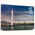 Acrylic print of Geneva scenery with muted blue and green hues, ideal for dining room decor.