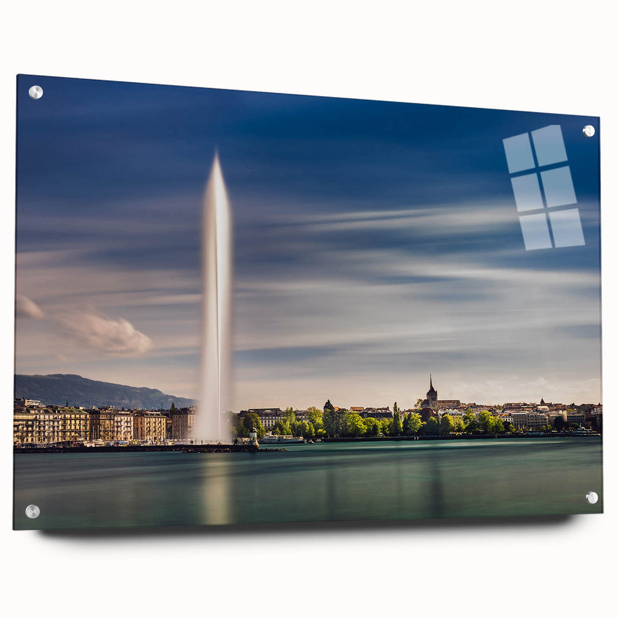 Acrylic print of Geneva scenery with muted blue and green hues, ideal for dining room decor.