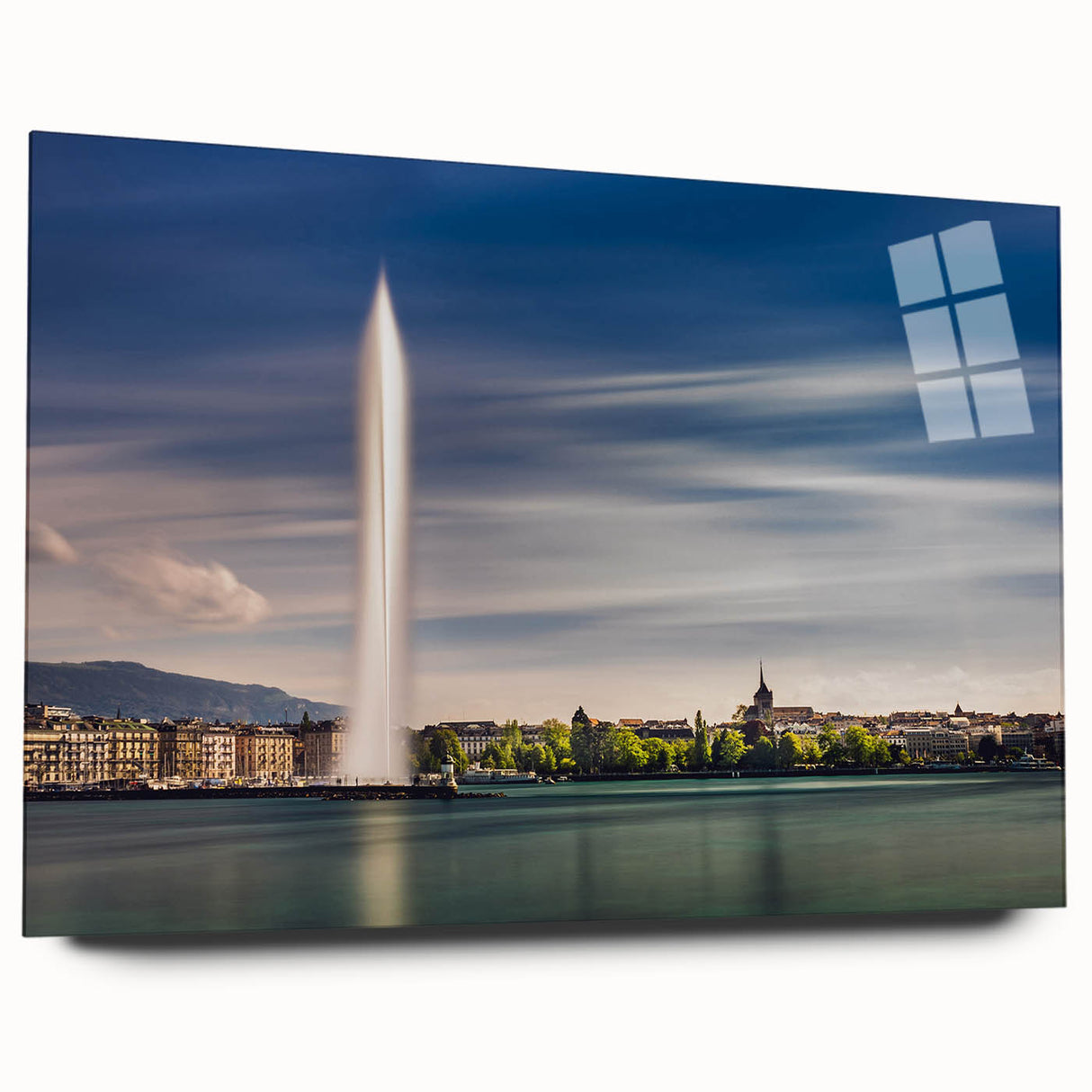 Large abstract wall art of Geneva scenery in muted blue tones on acrylic glass, ideal for bedroom or dining room decor.