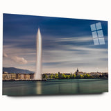 Large abstract wall art of Geneva scenery in muted blue tones on acrylic glass, ideal for bedroom or dining room decor.