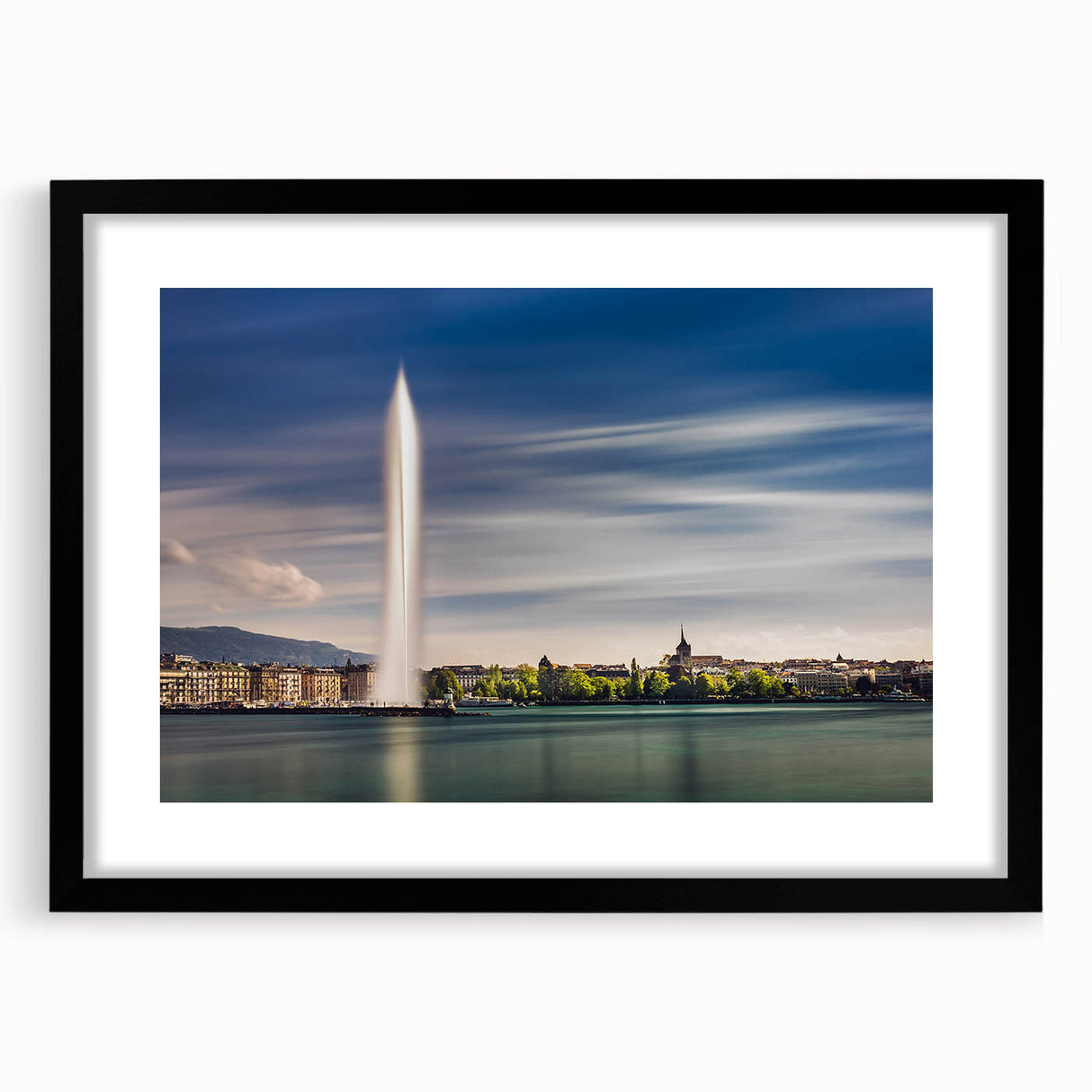 Extra large abstract art print of a colorful Geneva scenery, textured on a black framed canvas, ideal for living room decor.