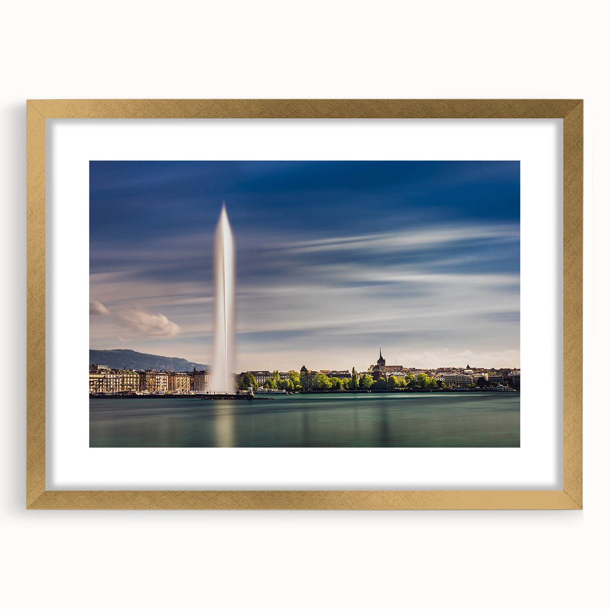 Extra large abstract art print of Geneva scenery in textured gold frame, ideal for living room decor.