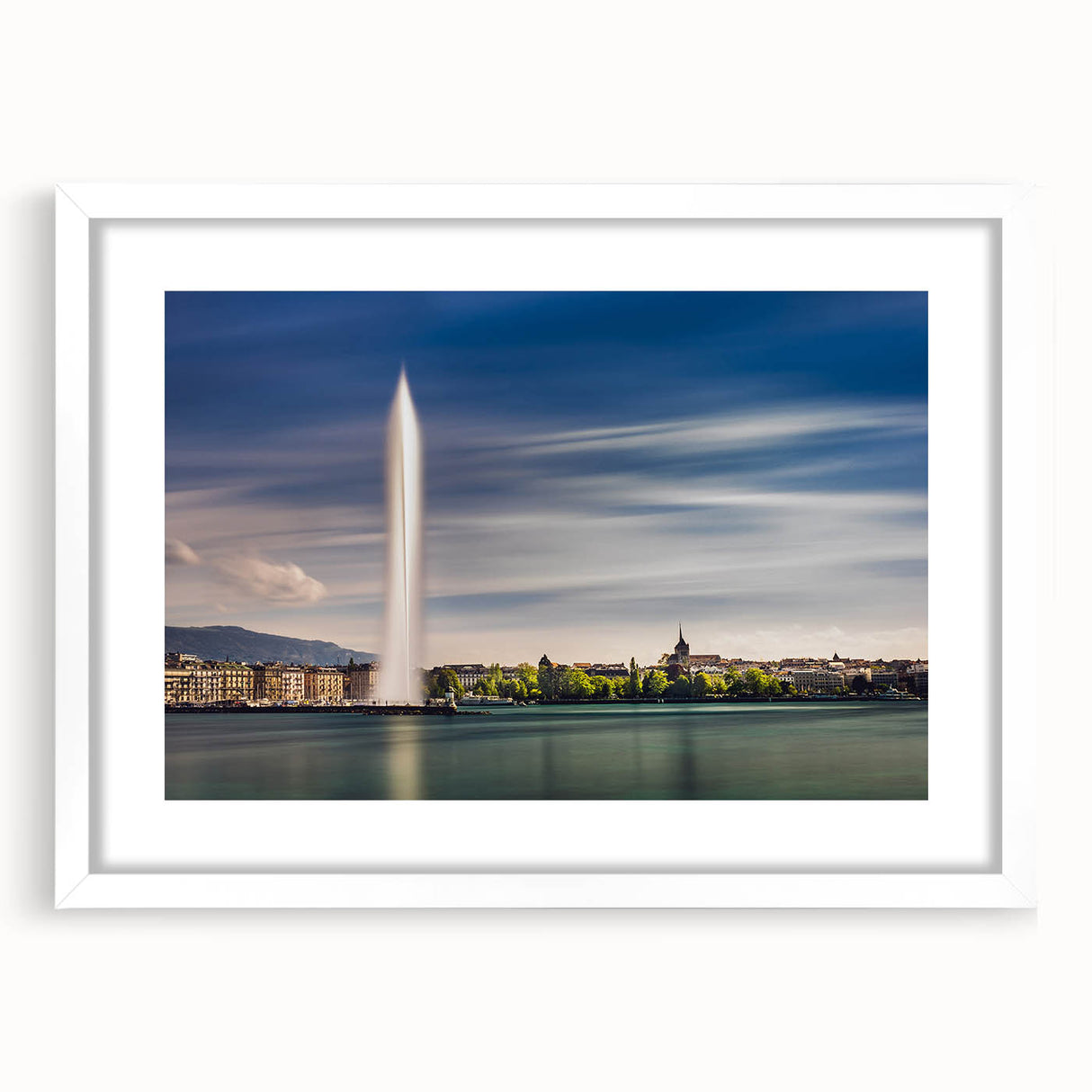 Abstract art print of Geneva scenery with muted blue and gray tones on a framed white mat, ideal for dining room decor.